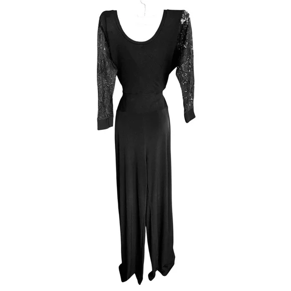 Sexy Black Pant Jumpsuit with Lace Sleeves Party Cocktail Bodycon Size Medium - Picture 2 of 6